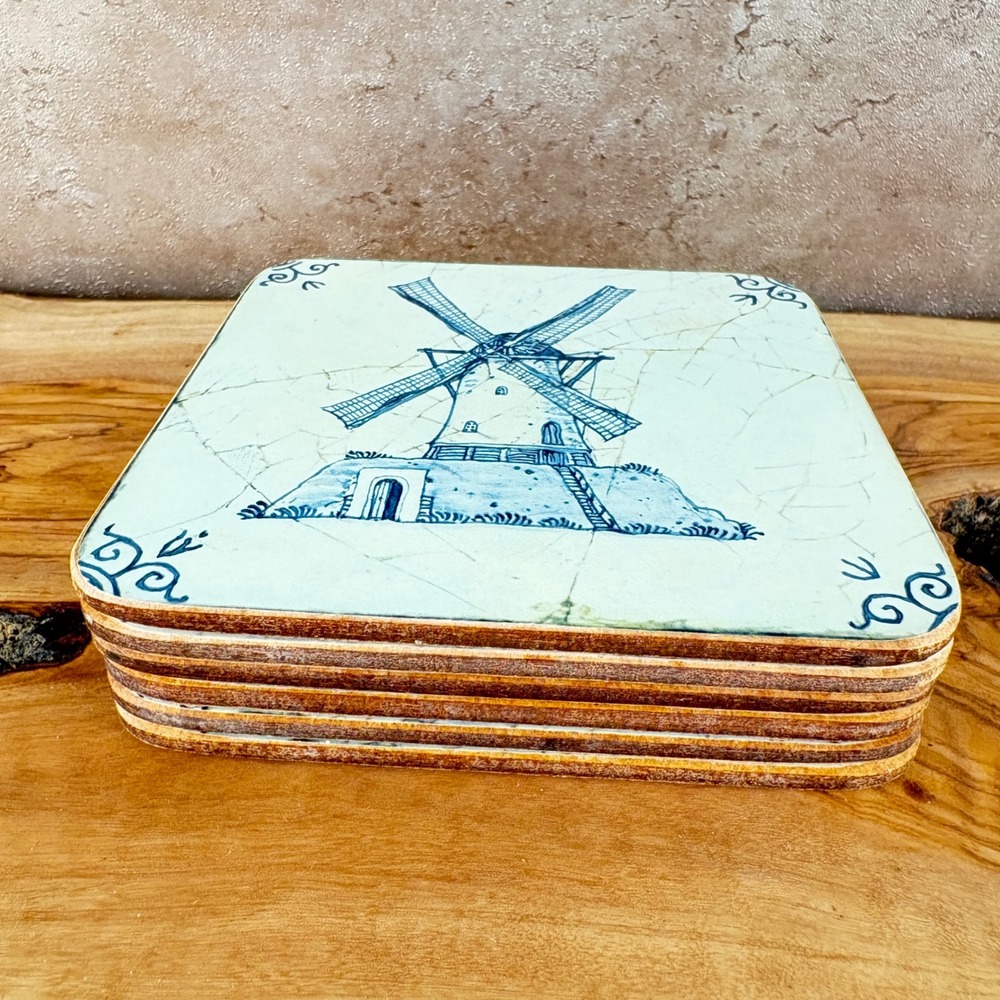 Vintage Pimpernel Windmill Acrylic Coasters Set of 6 Blue White Delft Style UK - Picture 8 of 13